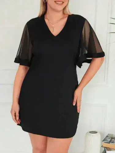 Women's Tulle Short Sleeve V-Neck Crepe Dress - 8