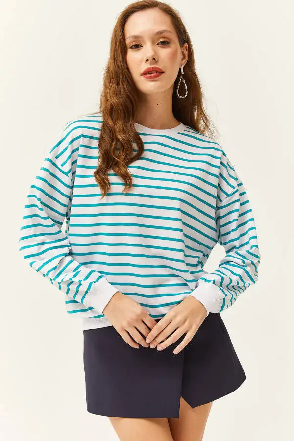 Women's Turquoise Basic Soft Textured Oversized Sweatshirt SWT-19000457 - 3