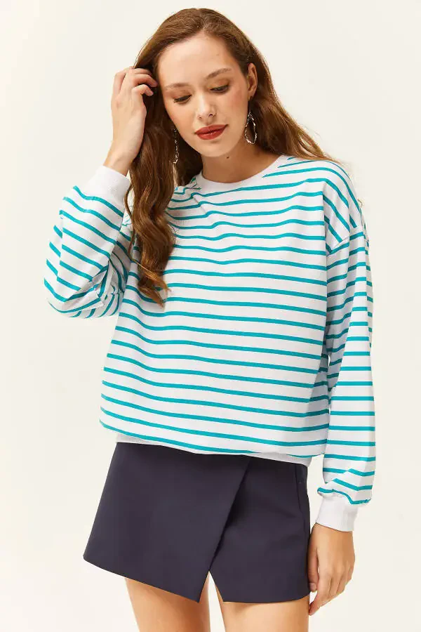 Women's Turquoise Basic Soft Textured Oversized Sweatshirt SWT-19000457 - 4