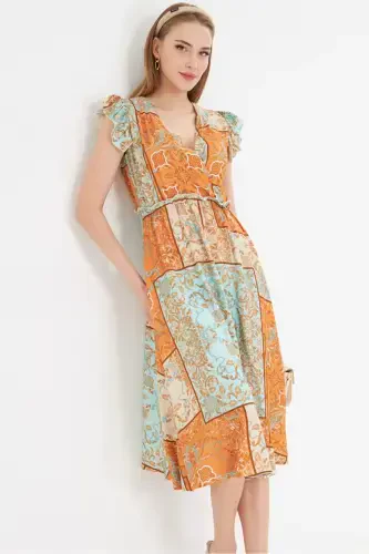 Women's Turquoise Crossover Neckline Ruffle Detail on Shoulder Elastic Waist Midi Dress ARM-24Y001020-Turquoise - 1