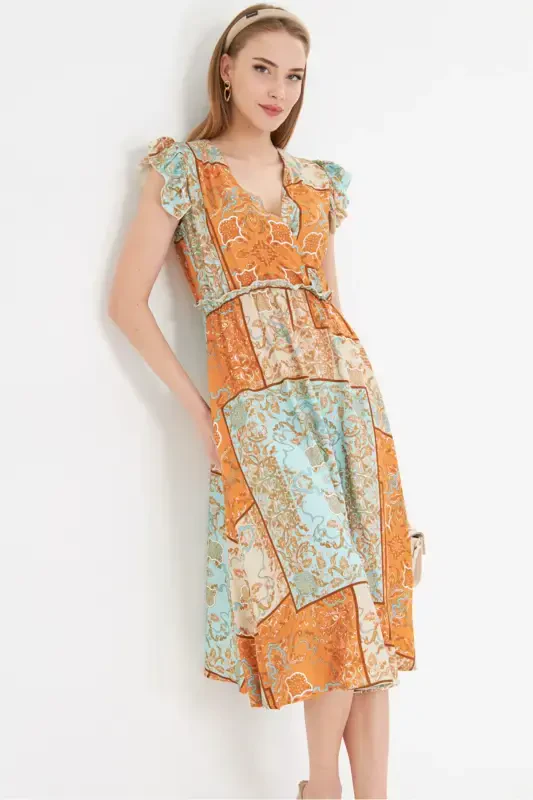 Women's Turquoise Crossover Neckline Ruffle Detail on Shoulder Elastic Waist Midi Dress ARM-24Y001020-Turquoise - 1