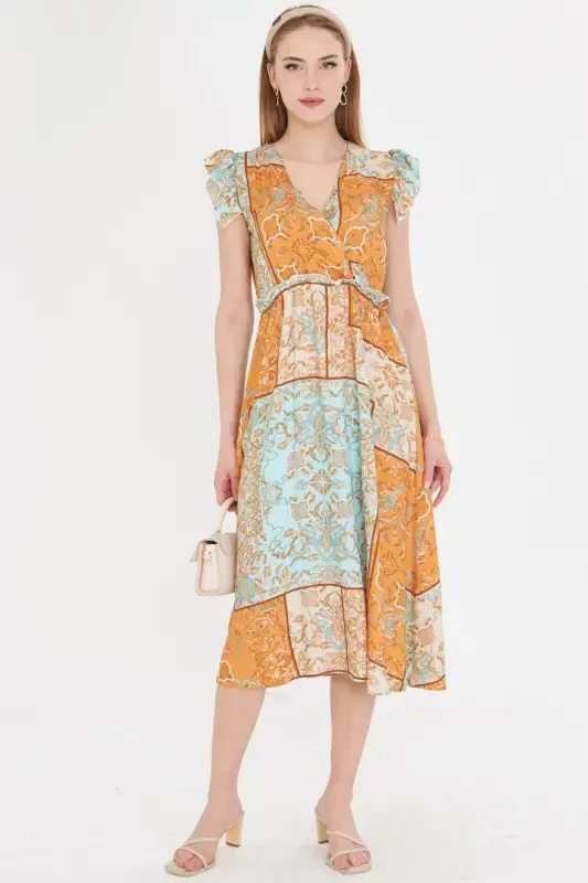 Women's Turquoise Crossover Neckline Ruffle Detail on Shoulder Elastic Waist Midi Dress ARM-24Y001020-Turquoise - 2