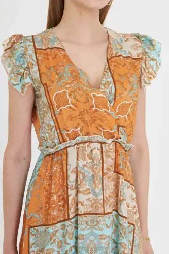 Women's Turquoise Crossover Neckline Ruffle Detail on Shoulder Elastic Waist Midi Dress ARM-24Y001020-Turquoise - 3