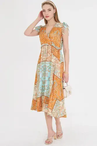 Women's Turquoise Crossover Neckline Ruffle Detail on Shoulder Elastic Waist Midi Dress ARM-24Y001020-Turquoise - 4