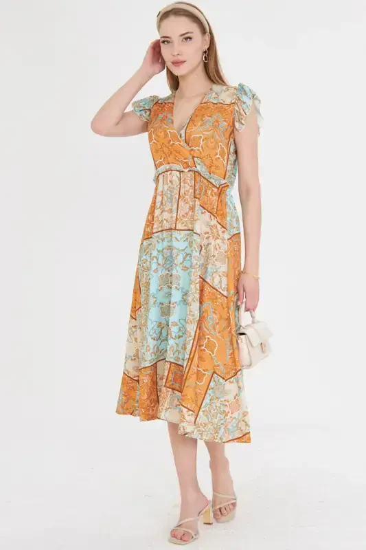 Women's Turquoise Crossover Neckline Ruffle Detail on Shoulder Elastic Waist Midi Dress ARM-24Y001020-Turquoise - 4