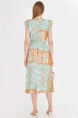 Women's Turquoise Crossover Neckline Ruffle Detail on Shoulder Elastic Waist Midi Dress ARM-24Y001020-Turquoise - 5