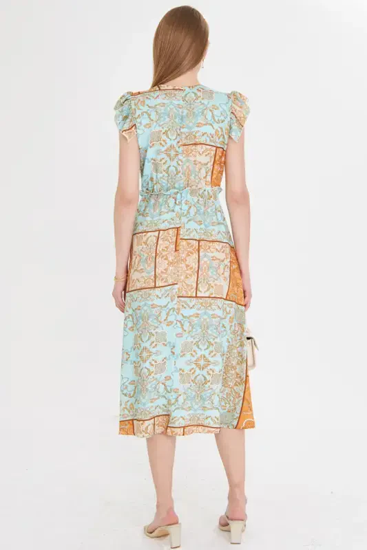 Women's Turquoise Crossover Neckline Ruffle Detail on Shoulder Elastic Waist Midi Dress ARM-24Y001020-Turquoise - 5