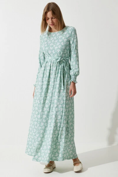 Women's Turquoise Floral Summer Long Knit Dress DD01322 - HAPPINESS İSTANBUL