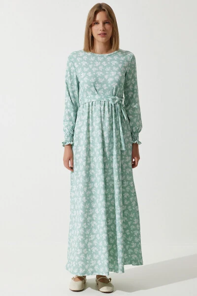 Women's Turquoise Floral Summer Long Knit Dress DD01322 - HAPPINESS İSTANBUL (1)