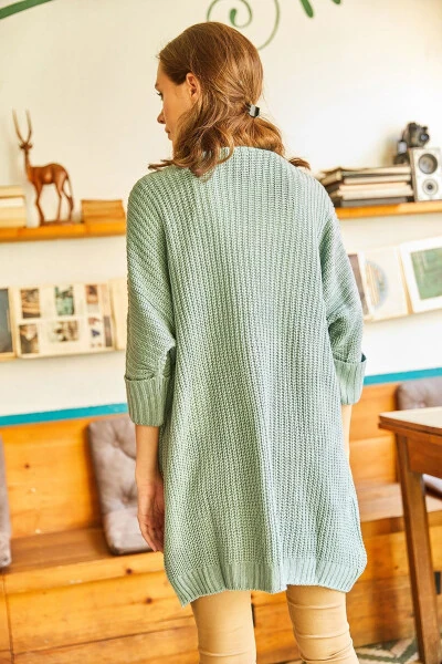 Women's Turquoise Green Folded Sleeve Pocketed Oversize Knitwear - 6