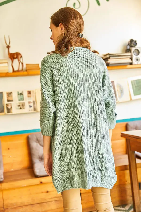 Women's Turquoise Green Folded Sleeve Pocketed Oversize Knitwear - 6