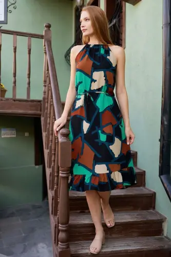 Women's Turquoise Halter Neck Belted Ruffled Dress ARM-23Y001112-Turquoise - 2