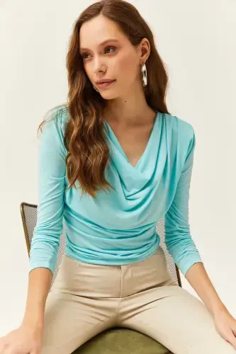 Women's Turquoise Padded Shoulder Pleated Cowl Neck Blouse BLZ-19002419-Turquoise - 1