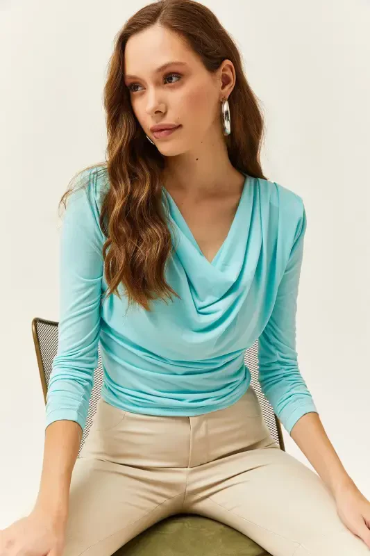 Women's Turquoise Padded Shoulder Pleated Cowl Neck Blouse BLZ-19002419-Turquoise - 1