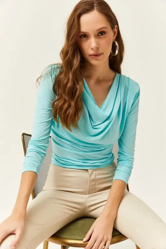 Women's Turquoise Padded Shoulder Pleated Cowl Neck Blouse BLZ-19002419-Turquoise - 2