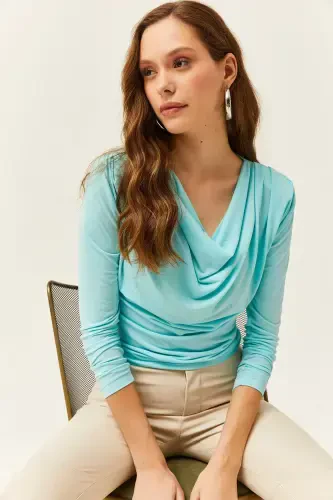 Women's Turquoise Padded Shoulder Pleated Cowl Neck Blouse BLZ-19002419-Turquoise - 3