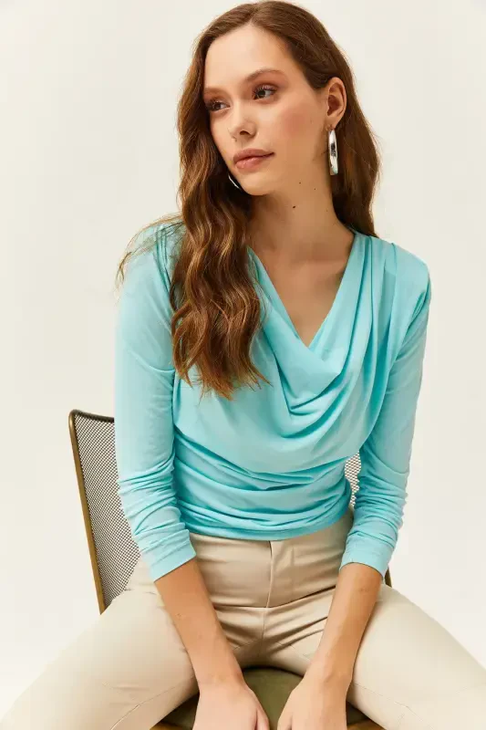 Women's Turquoise Padded Shoulder Pleated Cowl Neck Blouse BLZ-19002419-Turquoise - 3