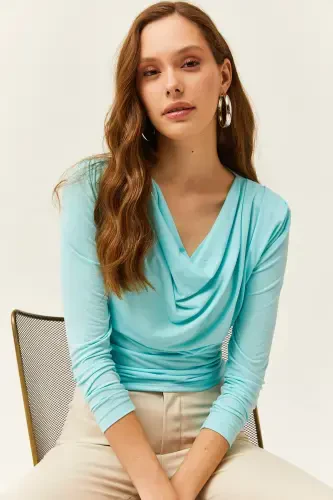 Women's Turquoise Padded Shoulder Pleated Cowl Neck Blouse BLZ-19002419-Turquoise - 4