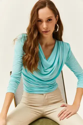 Women's Turquoise Padded Shoulder Pleated Cowl Neck Blouse BLZ-19002419-Turquoise - 5