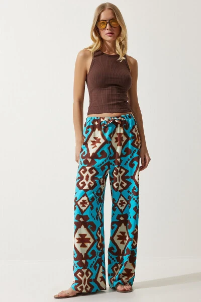 Women's Turquoise Patterned Raw Linen Palazzo Trousers BH00397 - HAPPINESS İSTANBUL