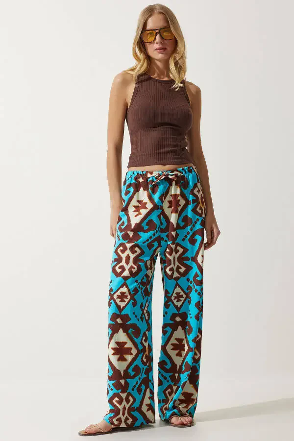 Women's Turquoise Patterned Raw Linen Palazzo Trousers BH00397 - 1