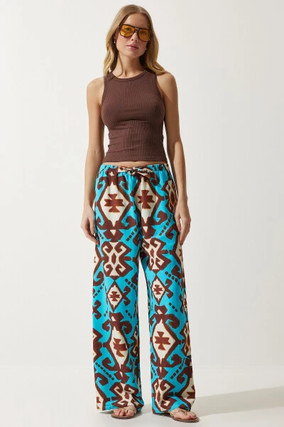 Women's Turquoise Patterned Raw Linen Palazzo Trousers BH00397 - HAPPINESS İSTANBUL (1)
