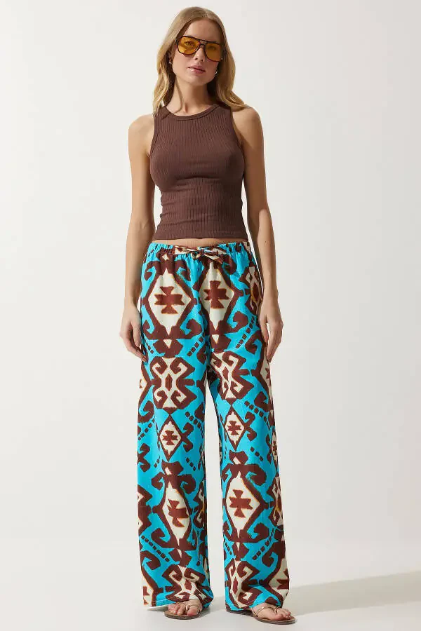 Women's Turquoise Patterned Raw Linen Palazzo Trousers BH00397 - 2