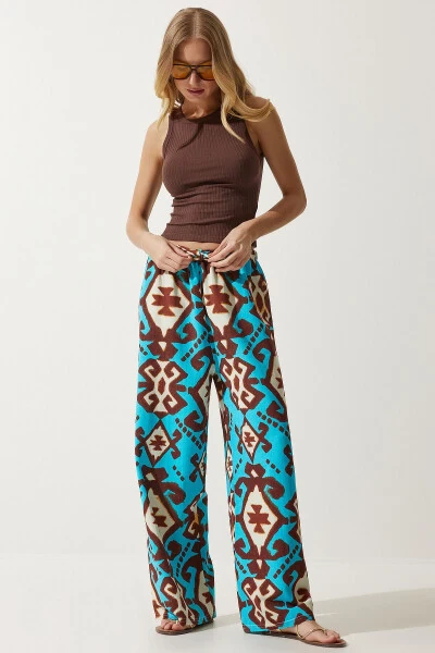 Women's Turquoise Patterned Raw Linen Palazzo Trousers BH00397 - 3