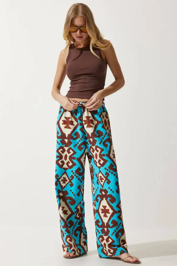 Women's Turquoise Patterned Raw Linen Palazzo Trousers BH00397 - 3