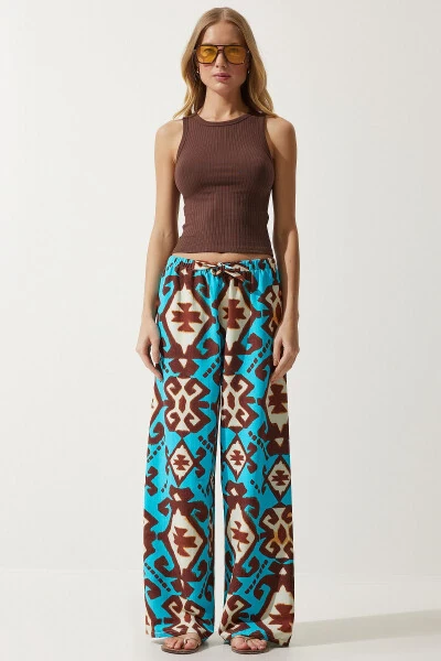 Women's Turquoise Patterned Raw Linen Palazzo Trousers BH00397 - 4