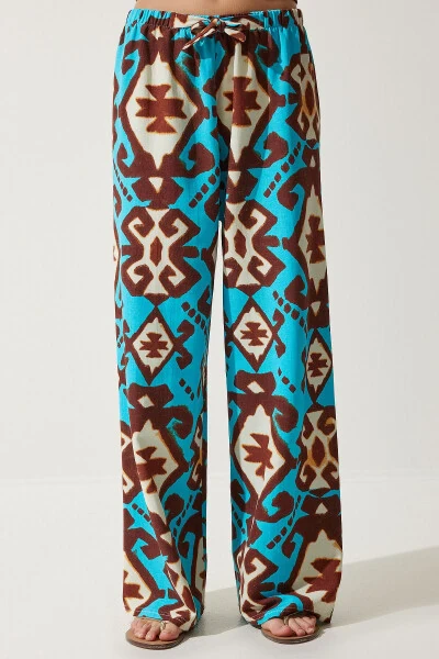 Women's Turquoise Patterned Raw Linen Palazzo Trousers BH00397 - 5