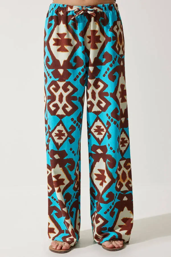 Women's Turquoise Patterned Raw Linen Palazzo Trousers BH00397 - 5