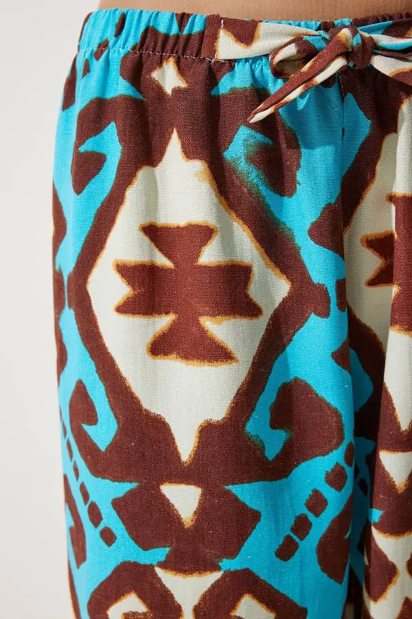 Women's Turquoise Patterned Raw Linen Palazzo Trousers BH00397 - 6
