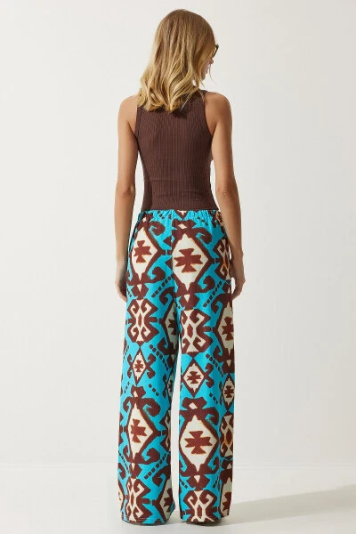 Women's Turquoise Patterned Raw Linen Palazzo Trousers BH00397 - 7