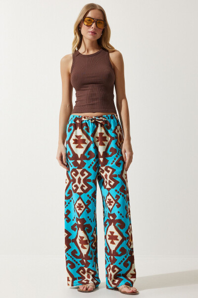Women's Turquoise Patterned Raw Linen Palazzo Trousers BH00397 - 2