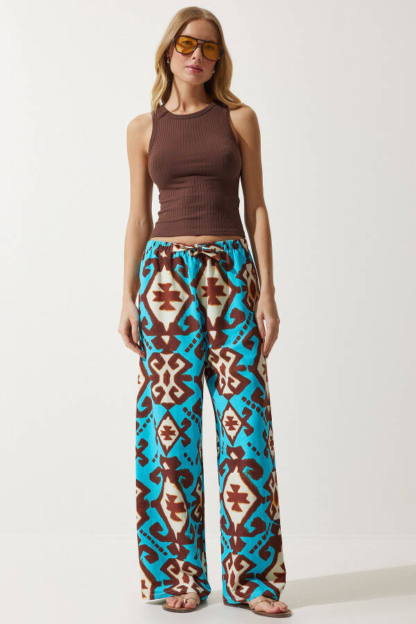 Women's Turquoise Patterned Raw Linen Palazzo Trousers BH00397 - 2