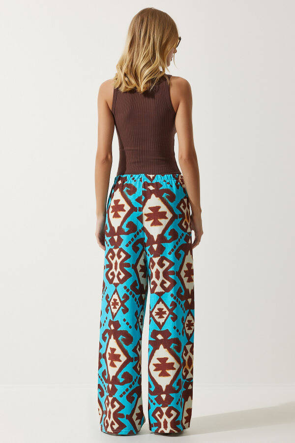 Women's Turquoise Patterned Raw Linen Palazzo Trousers BH00397 - 7