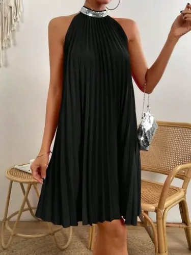 Women's Turtleneck Cold Shoulder Pleated Short Shimmer Crepe Dress - BÜYÜKBEDENIZ (1)