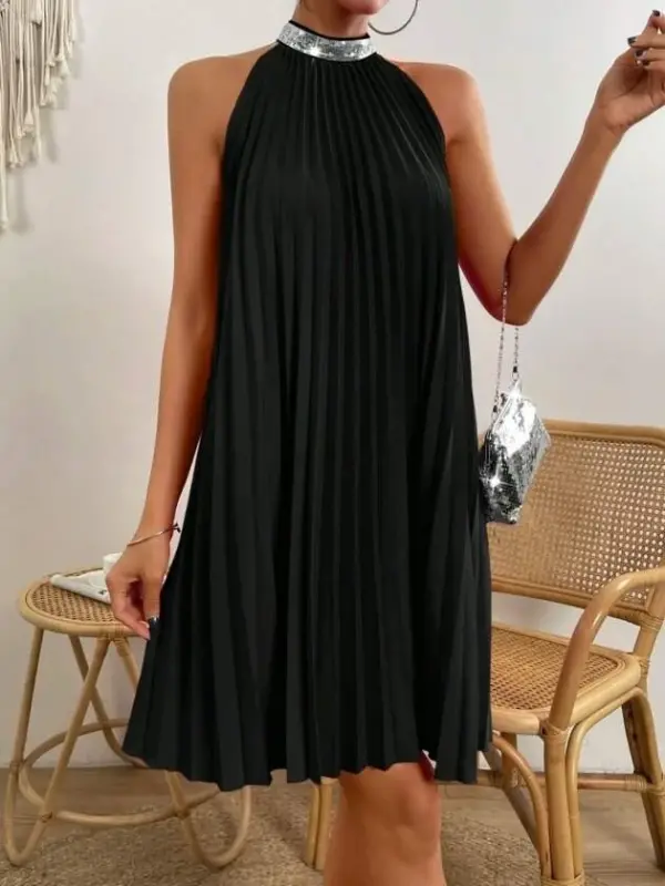 Women's Turtleneck Cold Shoulder Pleated Short Shimmer Crepe Dress - 2
