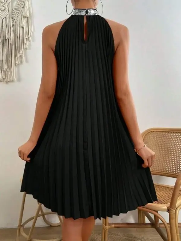 Women's Turtleneck Cold Shoulder Pleated Short Shimmer Crepe Dress - 3