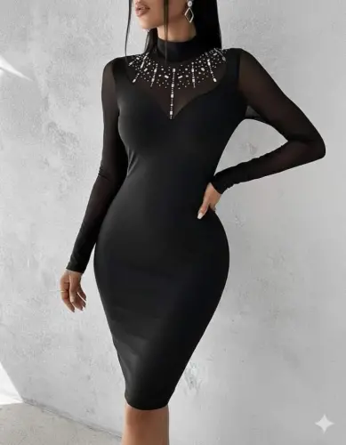 Women's Turtleneck Diver Fabric Stone and Transparent Detailed Above Knee Dress - BÜYÜKBEDENIZ (1)