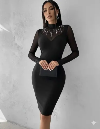 Women's Turtleneck Diver Fabric Stone and Transparent Detailed Above Knee Dress - 3