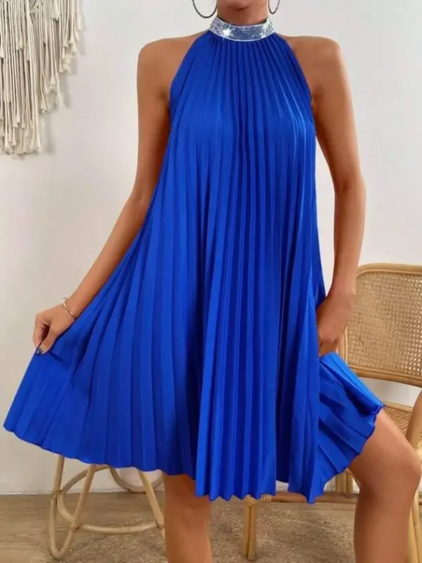 Women's Turtleneck Off-Shoulder Pleated Short Chiffon Dress - 3