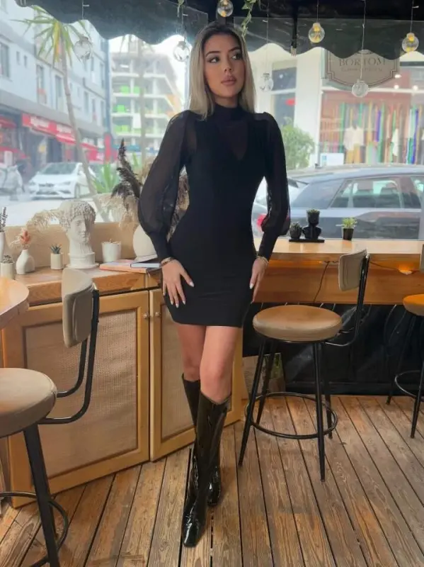 Women's Turtleneck Transparent Detail Opportunity Product Sandy Fabric Mini Dress - 4