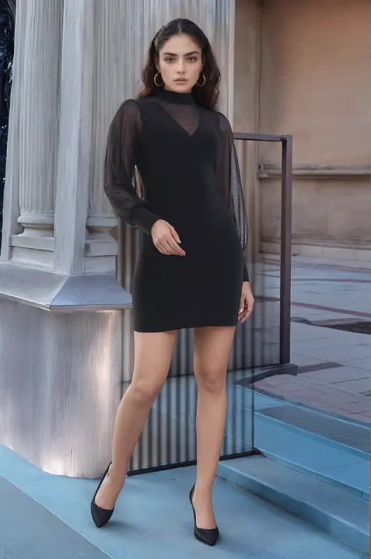 Women's Turtleneck Transparent Detail Opportunity Product Sandy Fabric Mini Dress - 6