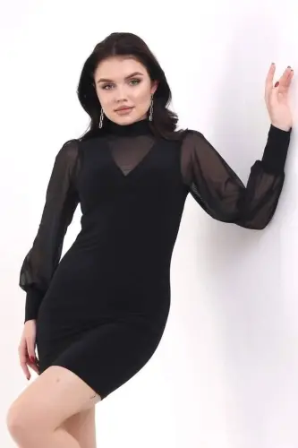 Women's Turtleneck Transparent Detail Opportunity Product Sandy Fabric Mini Dress - 10
