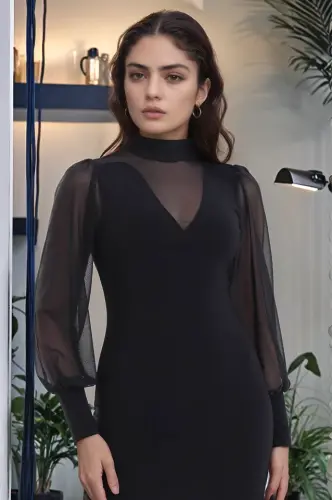 Women's Turtleneck Transparent Detail Opportunity Product Sandy Fabric Mini Dress - 12