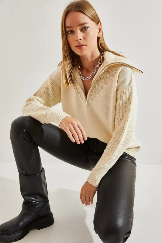 Women's Turtleneck Zippered Knit Sweater 20234197 - Cream - 4