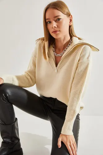 Women's Turtleneck Zippered Knit Sweater 20234197 - Cream - 5