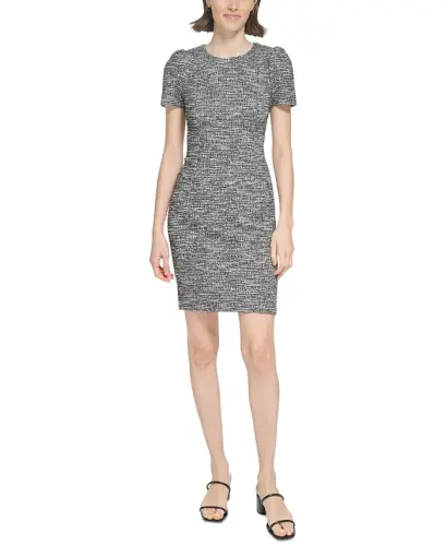 Women's Tweed Short-sleeve Sheath Mini Dress - Black.Cream - 1